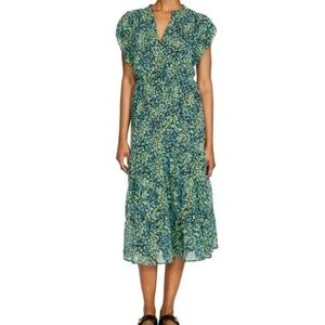 NEW Steve Madden Tiered Midi Dress Women's L Blue Floral Elastic waistband NWT